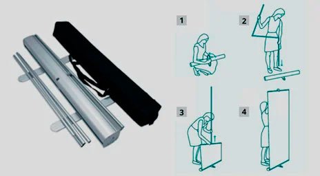 Instruccions de montatge de Roll Up, expositor enrotllable en 4 passos.