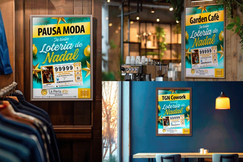 Imatges del Cartell de Loteria de Nadal dissenyat i imprès, en diferents espais, locals i comerços...