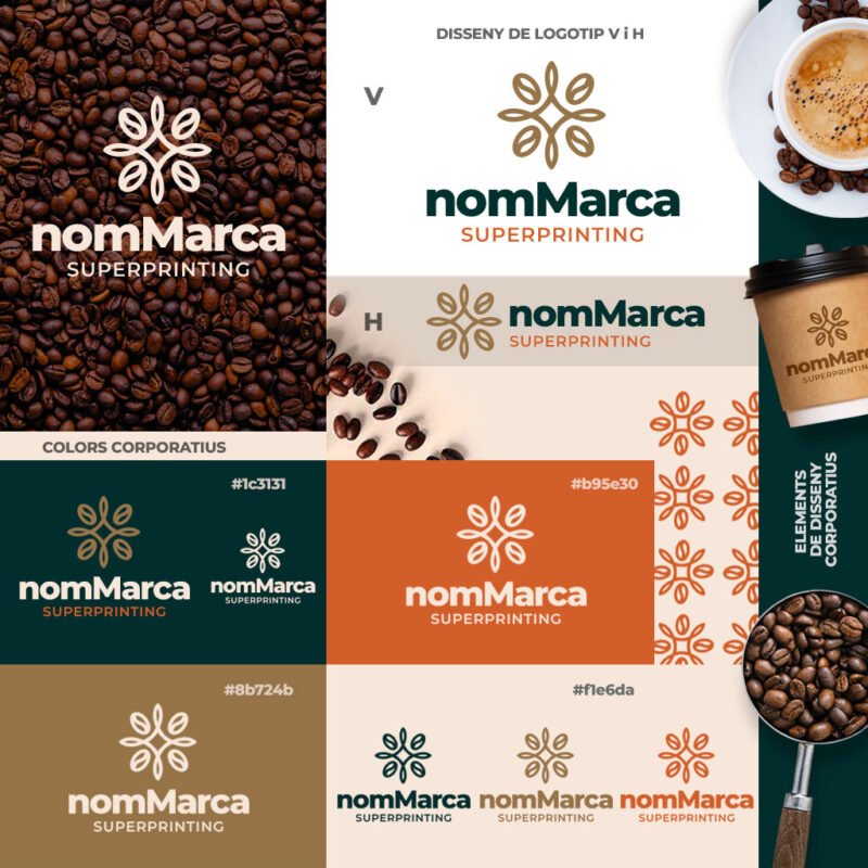 Exemple de disseny de logotip professional, amb diverses versions, colors corporatius i elements de disseny