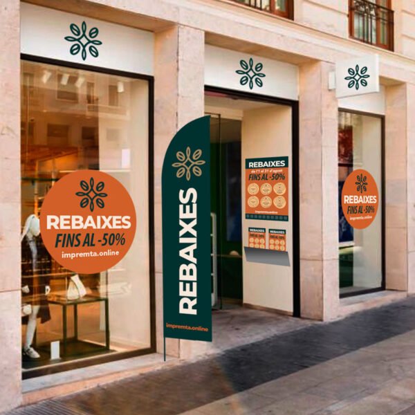 Pack Campanya Rebaixes amb disseny + impressió de flyers, cartells, vinils i banderola exterior.