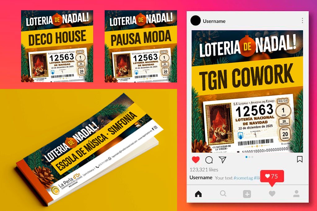 Disseny de Cartell de Loteria de Nadal 2025, editable, per a la Perla d'Or 4 Diferents aplicacions del disseny del cartell de loteria, a talonaris i xarxes socials.