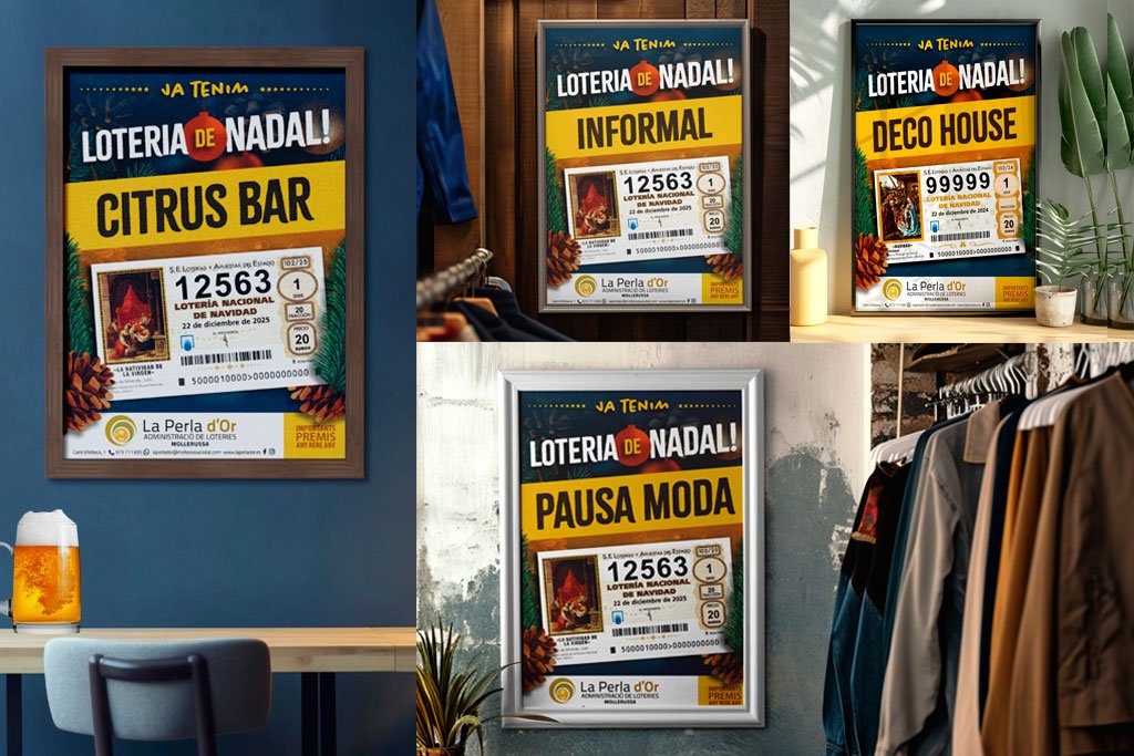 Disseny de Cartell de Loteria de Nadal 2025, editable, per a la Perla d'Or 5 Exemple de cartells de Loteria de Nadal, exposats en diferents negocis.