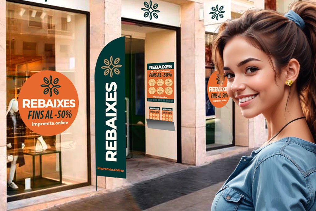 Rebaixes: Quina publicitat imprimir per vendre més a la teva botiga 2 Botiga amb vinils, cartells i banderola de rebaixes dissenyats i impresos per SuperPrinting.cat, amb promoció fins al -30%